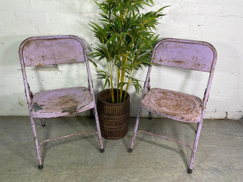 Vintage Pair Industrial Metal Folding Cafe Bar Bistro Garden Dining Chairs