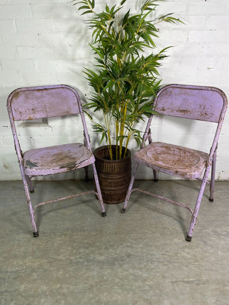 Vintage Pair Industrial Metal Folding Cafe Bar Bistro Garden Dining Chairs