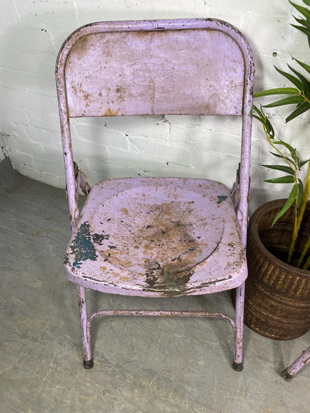 Vintage Pair Industrial Metal Folding Cafe Bar Bistro Garden Dining Chairs