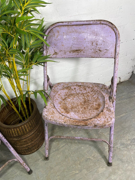 Vintage Pair Industrial Metal Folding Cafe Bar Bistro Garden Dining Chairs