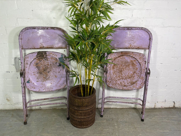 Vintage Pair Industrial Metal Folding Cafe Bar Bistro Garden Dining Chairs