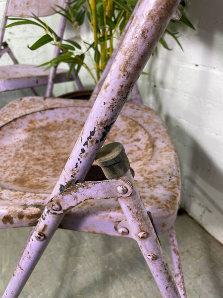 Vintage Pair Industrial Metal Folding Cafe Bar Bistro Garden Dining Chairs