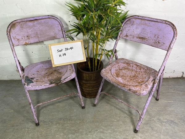 Vintage Pair Industrial Metal Folding Cafe Bar Bistro Garden Dining Chairs