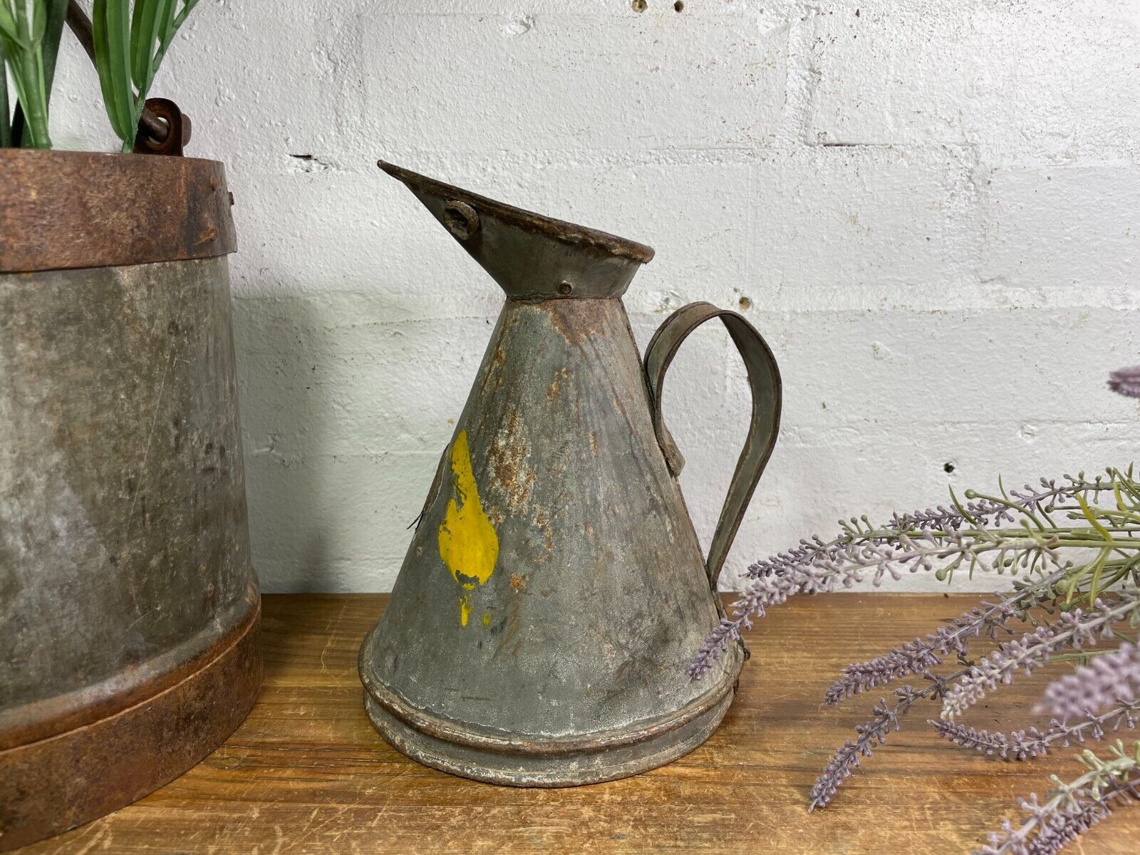 Vintage Rustic Galvanised Tin Metal Oil Measuring Jug Pitcher