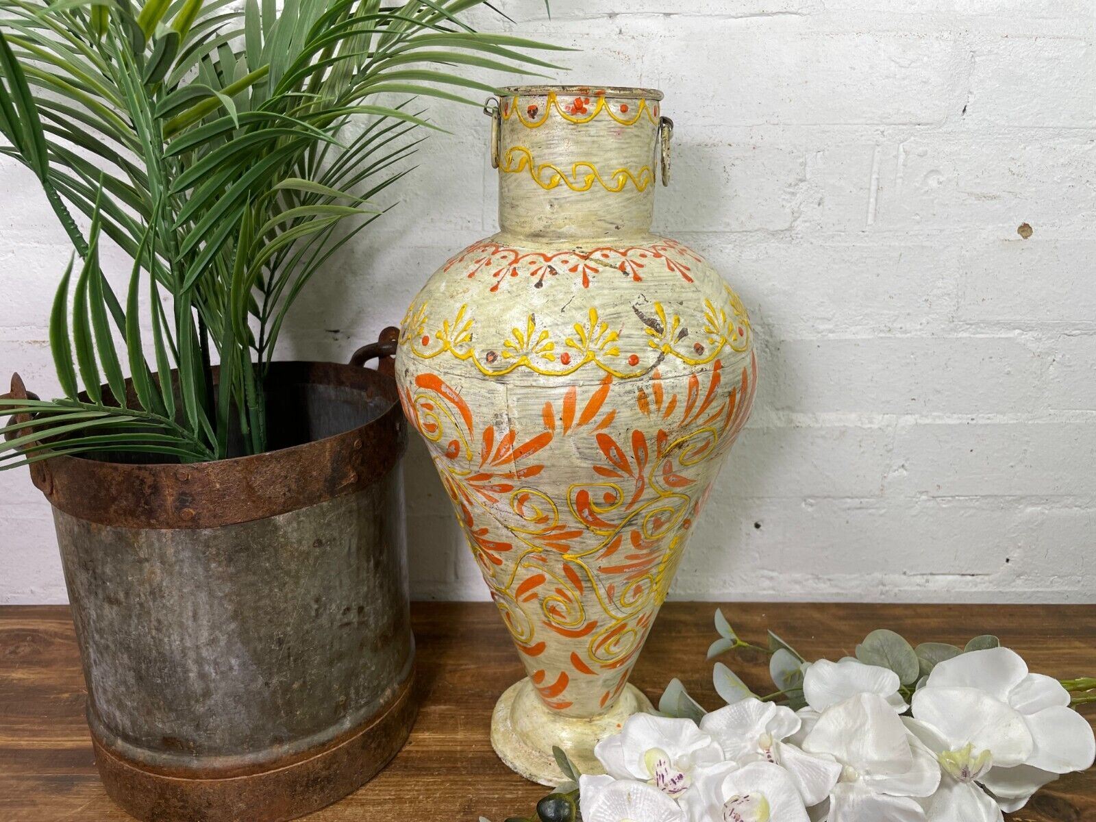 Vintage Indian Hand Painted Metal Urn Dry Flower Vase