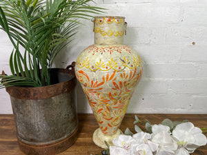 Vintage Indian Hand Painted Metal Urn Dry Flower Vase