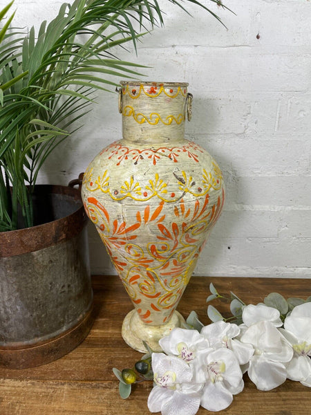 Vintage Indian Hand Painted Metal Urn Dry Flower Vase