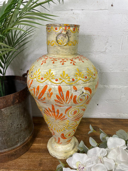 Vintage Indian Hand Painted Metal Urn Dry Flower Vase
