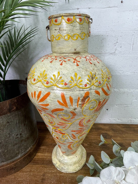 Vintage Indian Hand Painted Metal Urn Dry Flower Vase