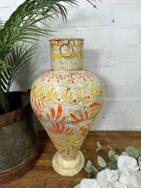 Vintage Indian Hand Painted Metal Urn Dry Flower Vase