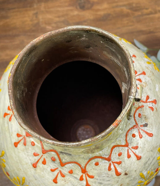 Vintage Indian Hand Painted Metal Urn Dry Flower Vase