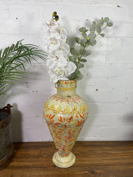 Vintage Indian Hand Painted Metal Urn Dry Flower Vase