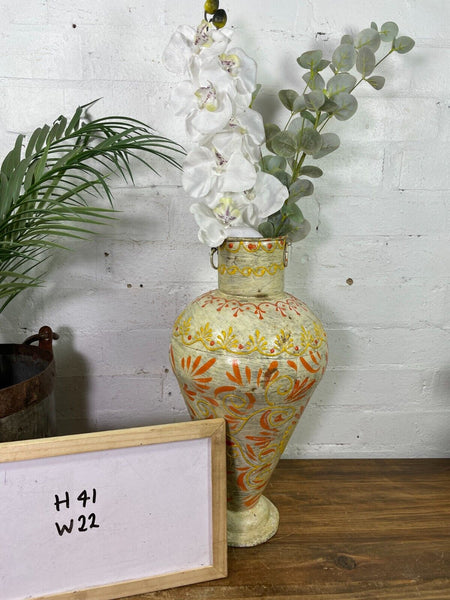 Vintage Indian Hand Painted Metal Urn Dry Flower Vase