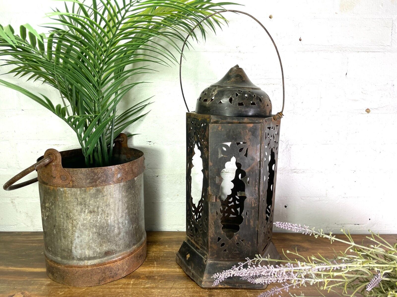 Vintage Indian  Bohemian Rustic Metal Iron Hanging Candle Lantern Holder