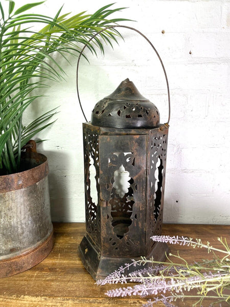 Vintage Indian  Bohemian Rustic Metal Iron Hanging Candle Lantern Holder