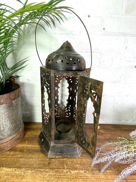 Vintage Indian  Bohemian Rustic Metal Iron Hanging Candle Lantern Holder