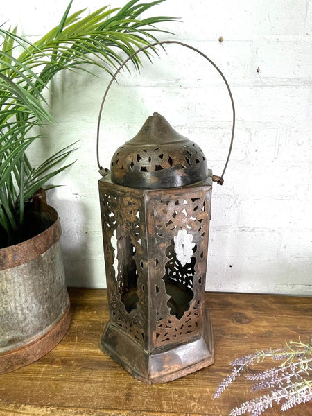 Vintage Indian  Bohemian Rustic Metal Iron Hanging Candle Lantern Holder