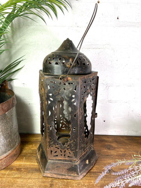 Vintage Indian  Bohemian Rustic Metal Iron Hanging Candle Lantern Holder